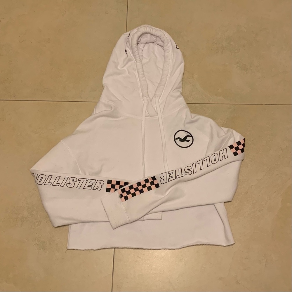 White Cropped Hollister hoodie Checkered with pink and black